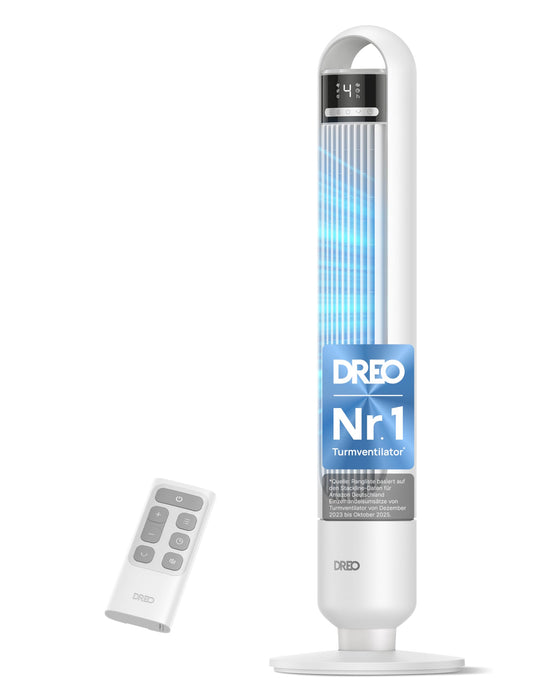 DREO Quiet Tower Fan, Fan with Cooling, Remote Control for Bedroom, Tower Fan with 4 Speeds, 3 Modes, 9.8m Wind Range, 8H Timer, 90° Oscillating for Living Room - DR-HTF017