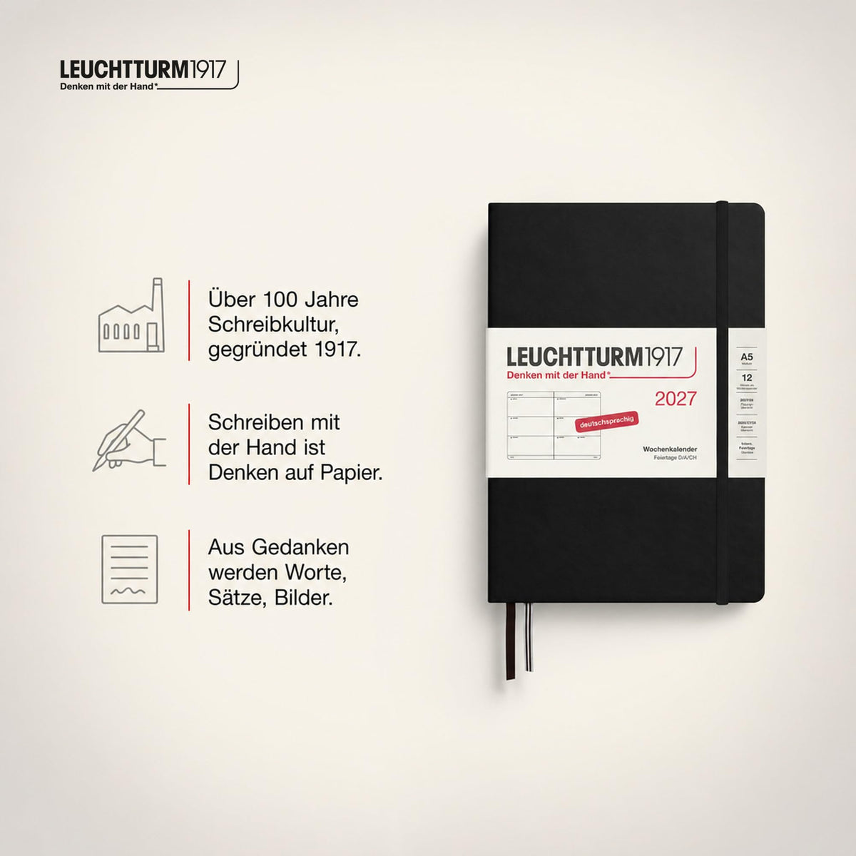 LEUCHTTURM1917 Calendar săptămânal 2027 Mediu (A5) - Germană, Negru, Hardcover, 145 x 210 mm, 12 luni - ianuarie-decembrie 2027, 1 săptămână pe pagină dublă, hârtie de 80 g/m² cu compatibilitate ridicată cu cerneală - 400101