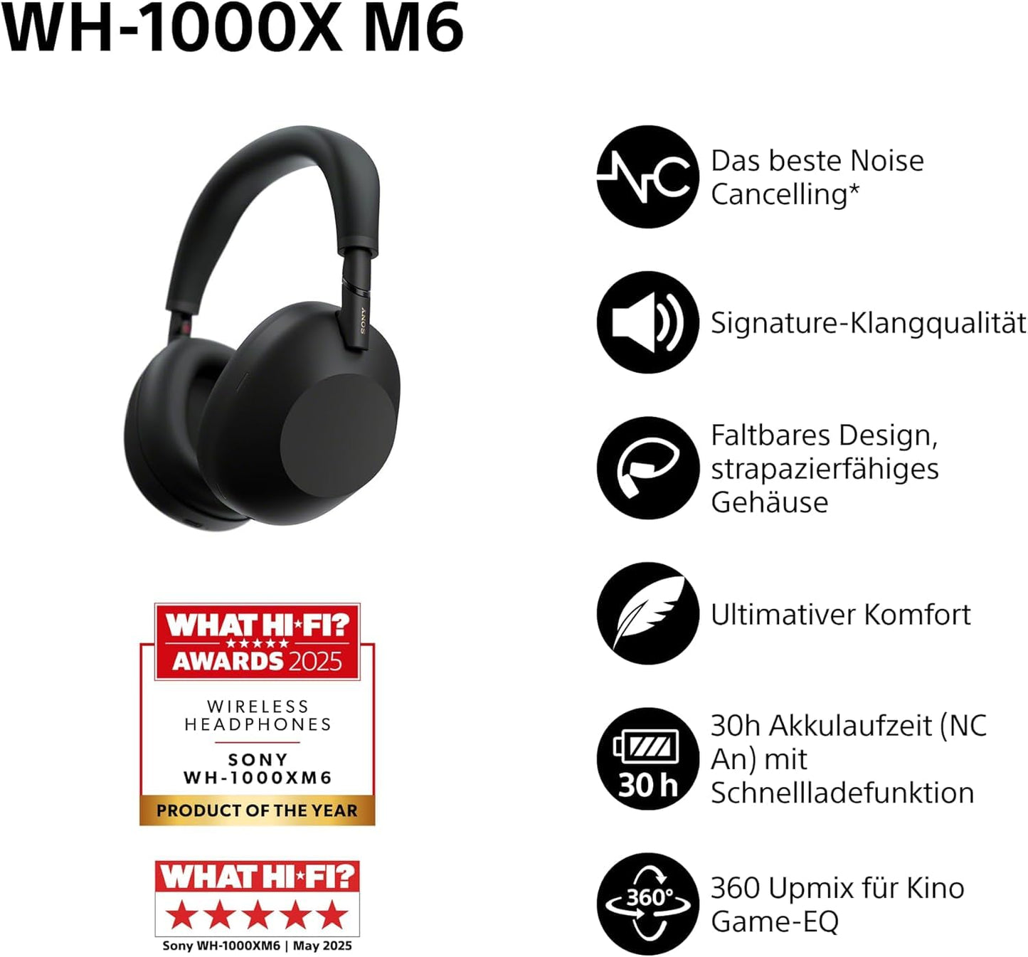 Sony WH-1000XM6 Wireless Noise Canceling Headphones, Signature Hi-Res Sound, Bluetooth Headphones, Comfort, Foldable Design, Magnetic Carrying Case, 30 Hour Battery NC On, iOS & Android - Black - WH1000XM6B.CE7