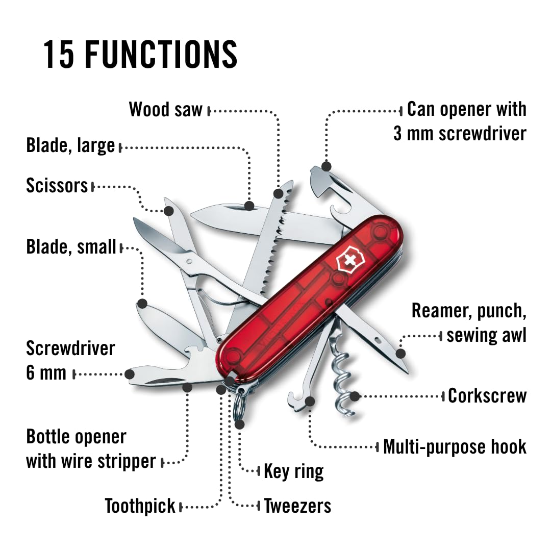 Victorinox Swiss Army Knife Huntsman, Multitool, Swiss Army Knife with 15 functions, blade, corkscrew, can opener, folding box, red transparent - 1.3713.T