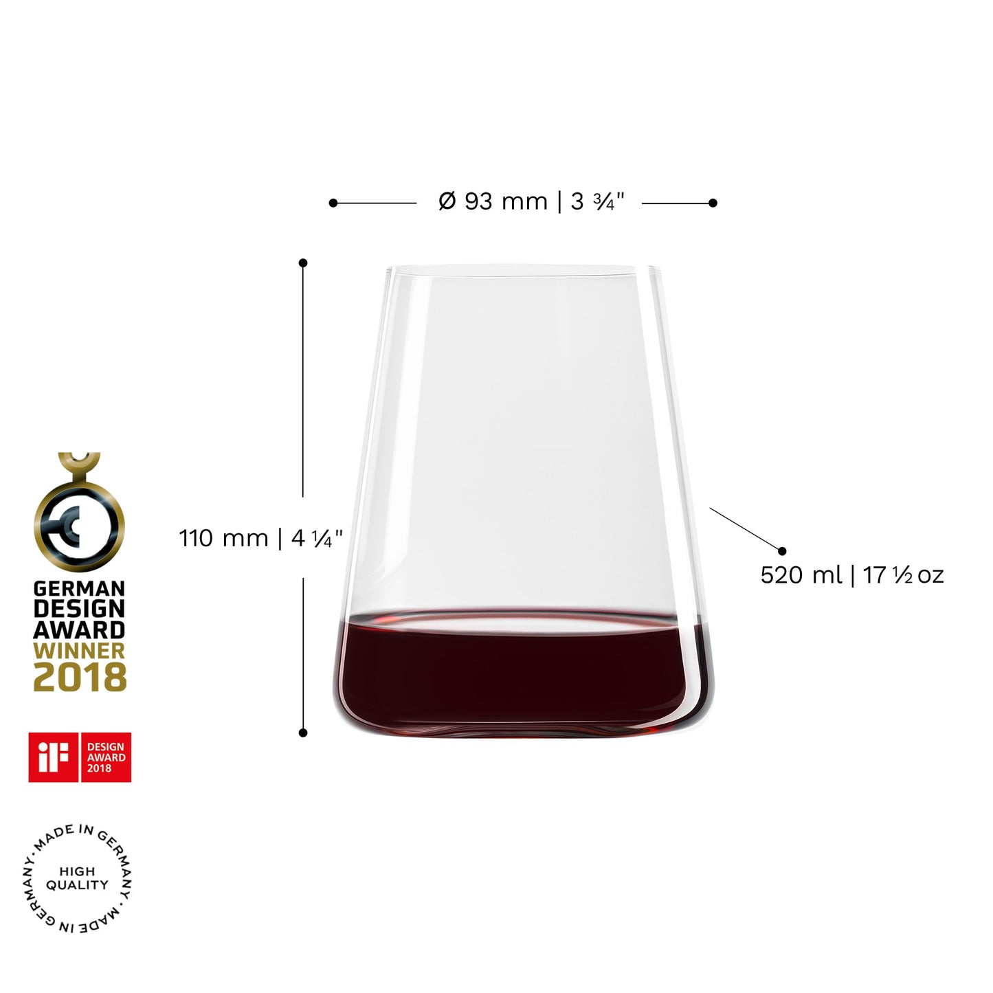 Stölzle Lausitz Power red wine cups set of 6 520ml - Modern wine glasses without stem for maximum aroma development - Flat red wine glasses made of crystal glass - Dishwasher and shockproof, Made in Germany - 1590022