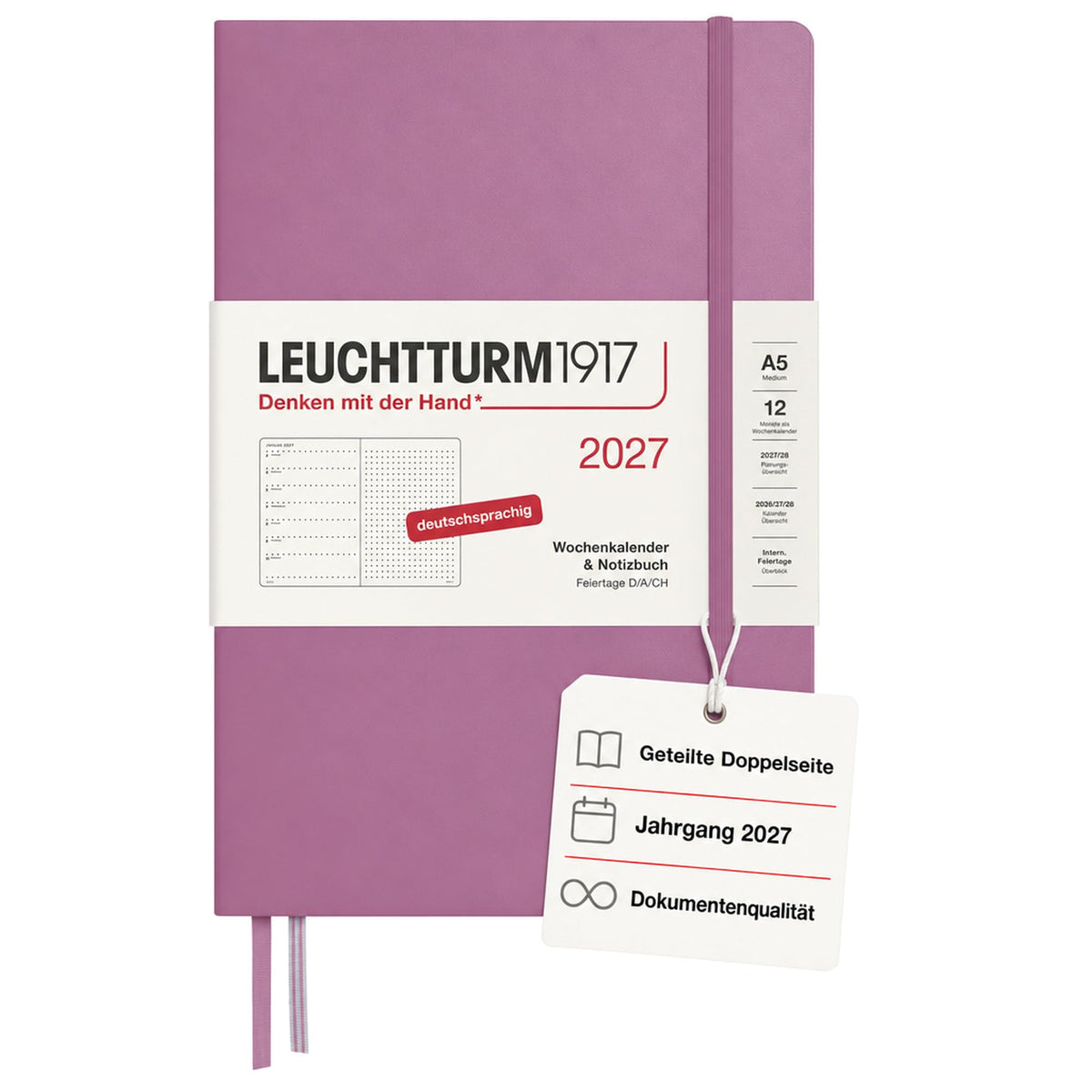 LEUCHTTURM1917 Calendar săptămânal 2027 punctat mediu (A5) cu caiet - Planificator de întâlniri german, Dusty Rose, ianuarie-decembrie 2027, Prezentare generală săptămânală în stânga + Pagina de note în dreapta - 400091