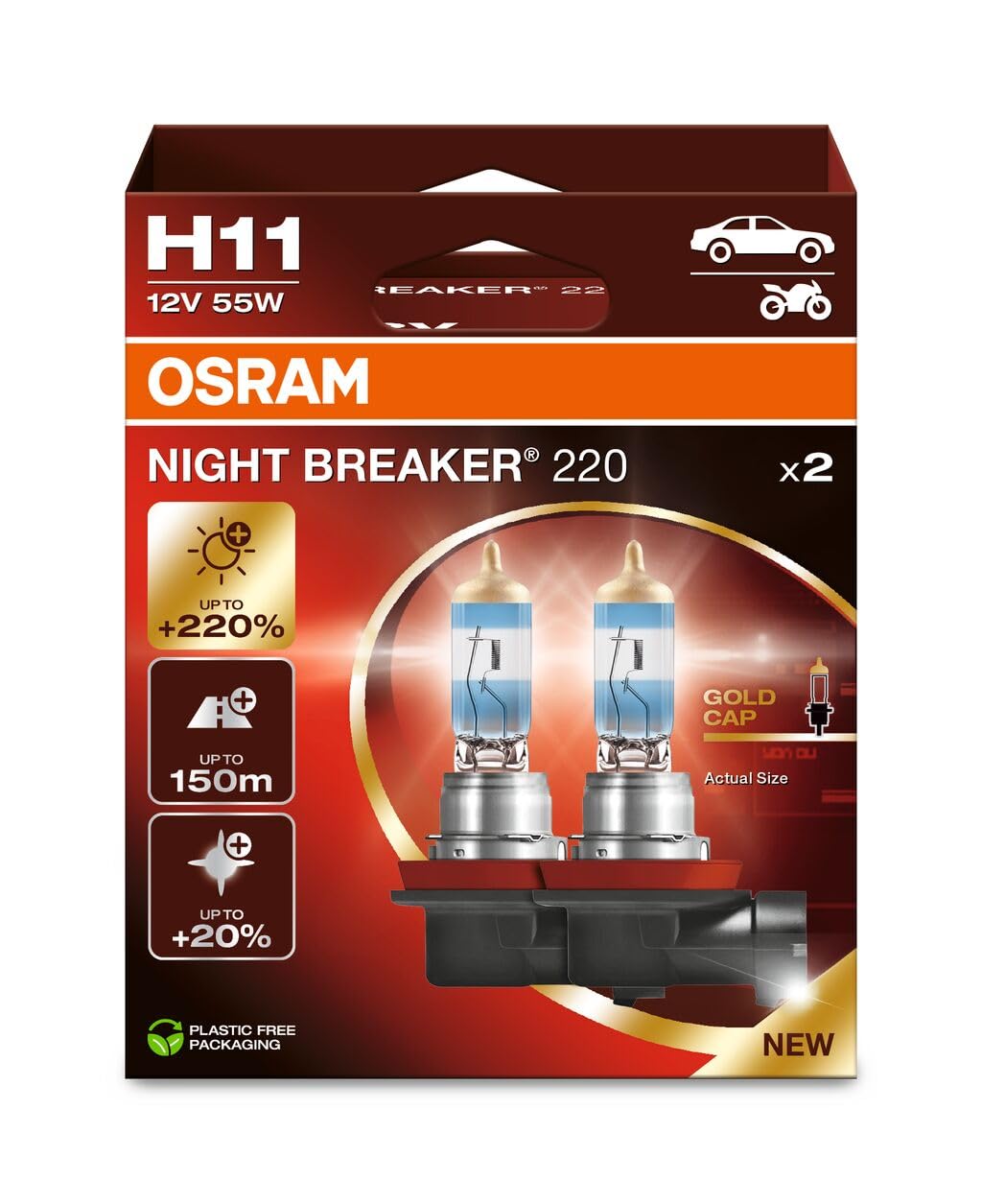 Osram NIGHT BREAKER 220, H11, +220% more brightness, halogen headlight lamp, 64211NB220-2HB, folding box (2 lamps)