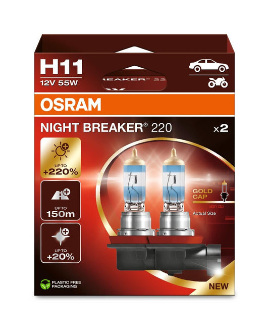 Osram NIGHT BREAKER 220, H11, +220% more brightness, halogen headlight lamp, 64211NB220-2HB, folding box (2 lamps)