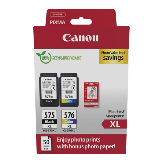 Canon PG-575XL + CL-576XL FINE Original XL Ink Cartridges + Photo Paper - 5437C006