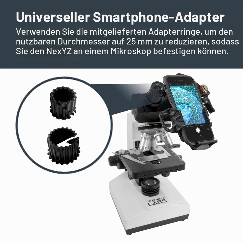 Celestron 81057 NexYZ DX 3-Axis Smartphone Adapter Set with Bluetooth Remote Shutter - Capture images and videos through your telescope, spotting scope, binoculars, monocular and microscope, Black