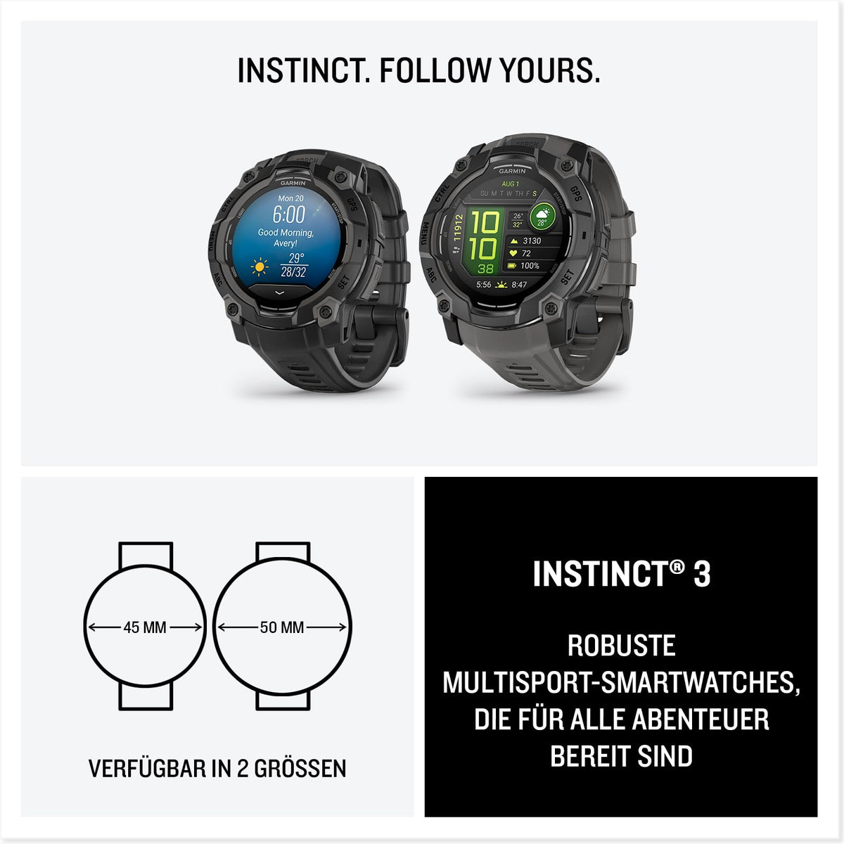 Garmin Instinct 3 50mm AMOLED – GPS Multisport Smartwatch, 1.3" AMOLED display, up to 24 days battery life, 80+ sport apps, health coach, multi-satellite reception, LED flashlight, notifications - 010-03020-00