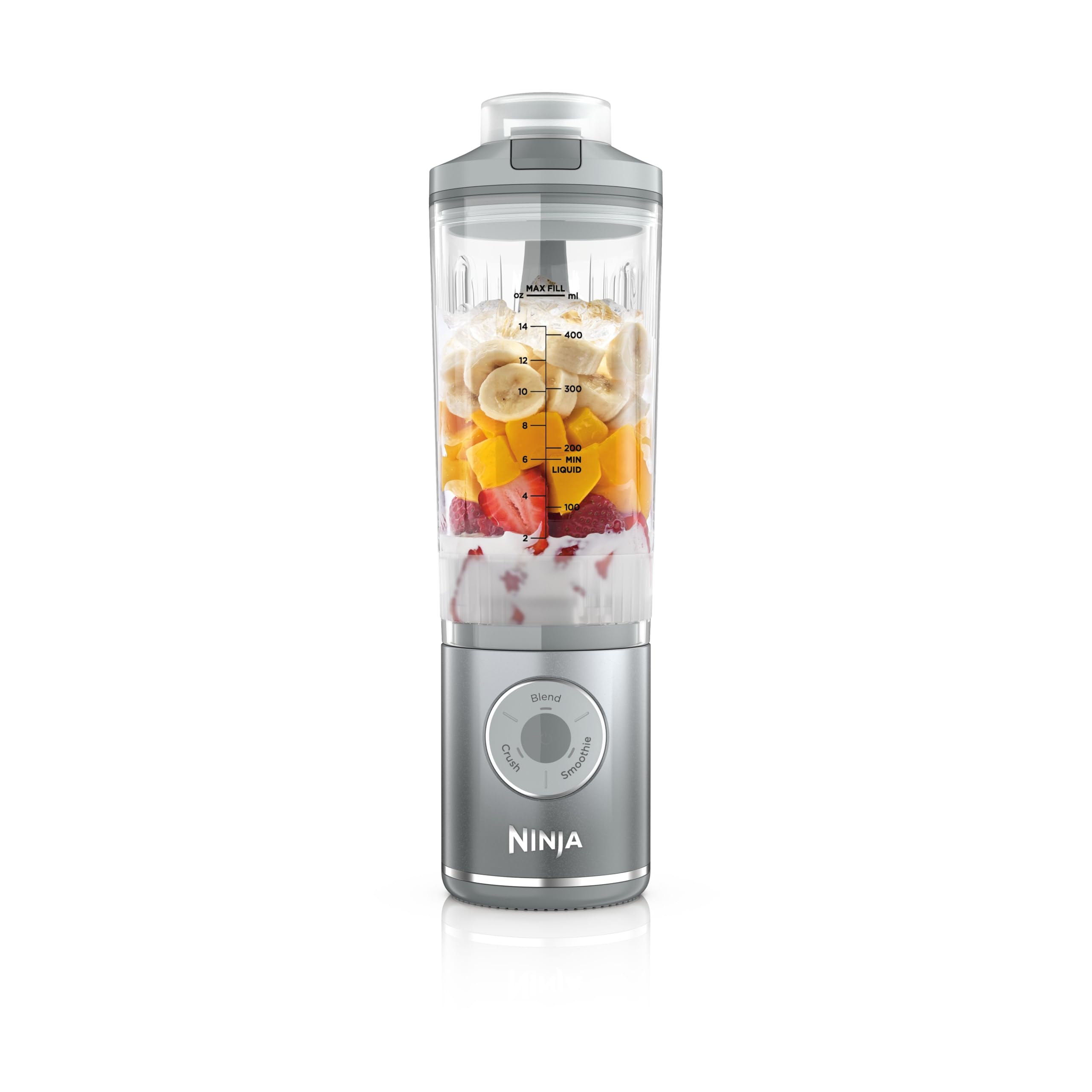 Blender portabil/Aparat de făcut smoothie Ninja Blast Max, 570 ml, reîncărcabil, cană pentru mixare și capac etanș, 3 funcții, Smoothie-uri, Shake-uri proteice, Argintiu BC251EUSL