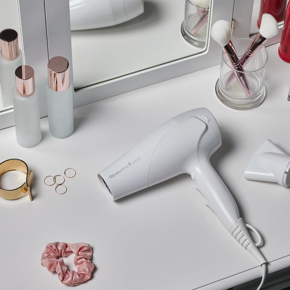 Remington Hair Dryer Ionic, 2200 Watt, White, With Diffuser and Styling Nozzle - 45767560100
