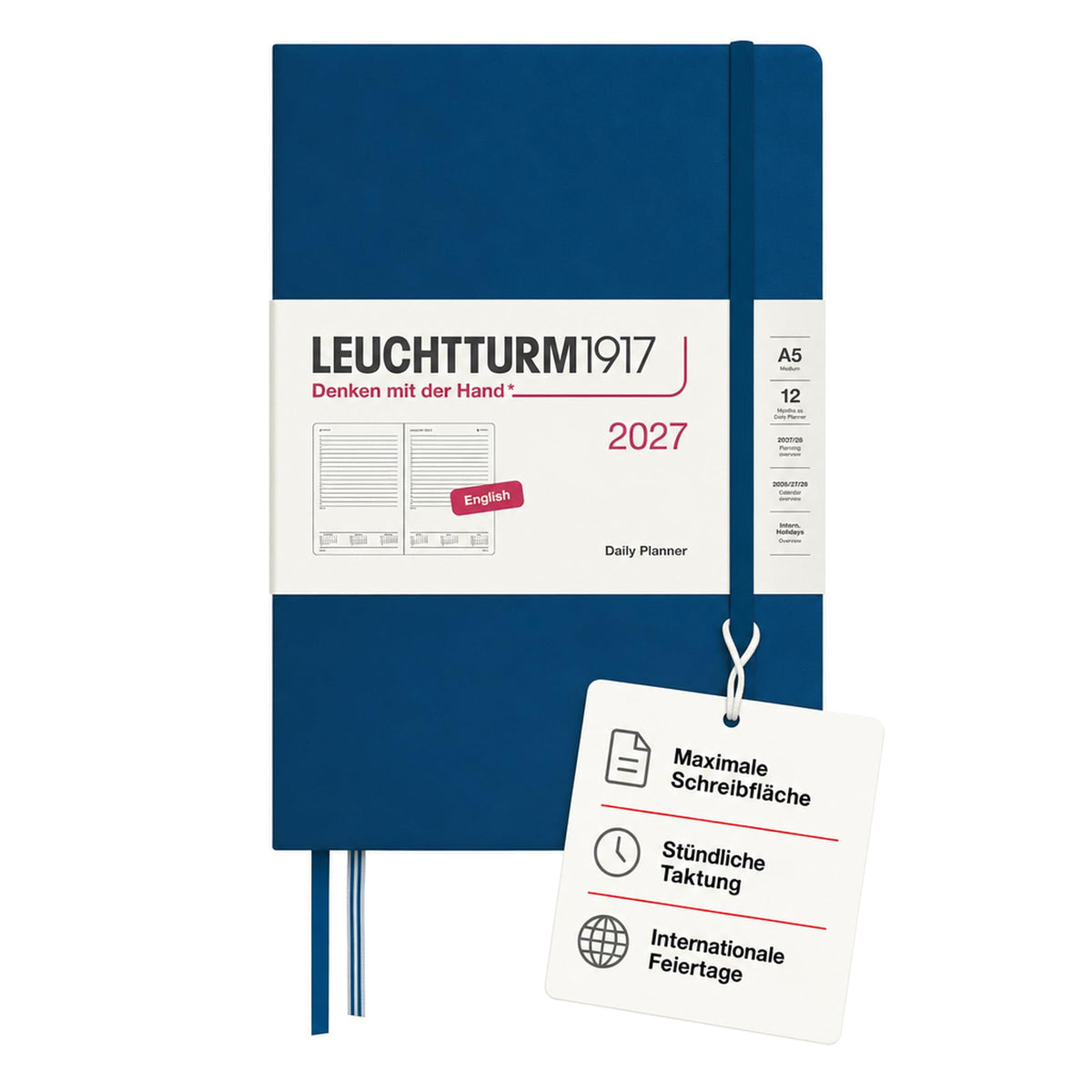 LEUCHTTURM1917 Daily Calendar 2027 Medium (A5) - English, Indigo, 145 x 210 mm, January-December (12 months), 1 page per day, hourly grid 7:00-22:00, hardcover, 80 g/m² paper - 400330