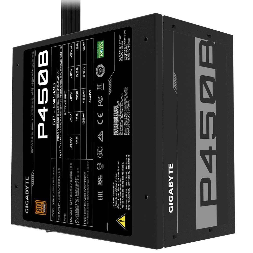 GIGABYTE P450B 450W ATX Power Supply, 80+ Bronze, 120 mm Fan - GP-P450B