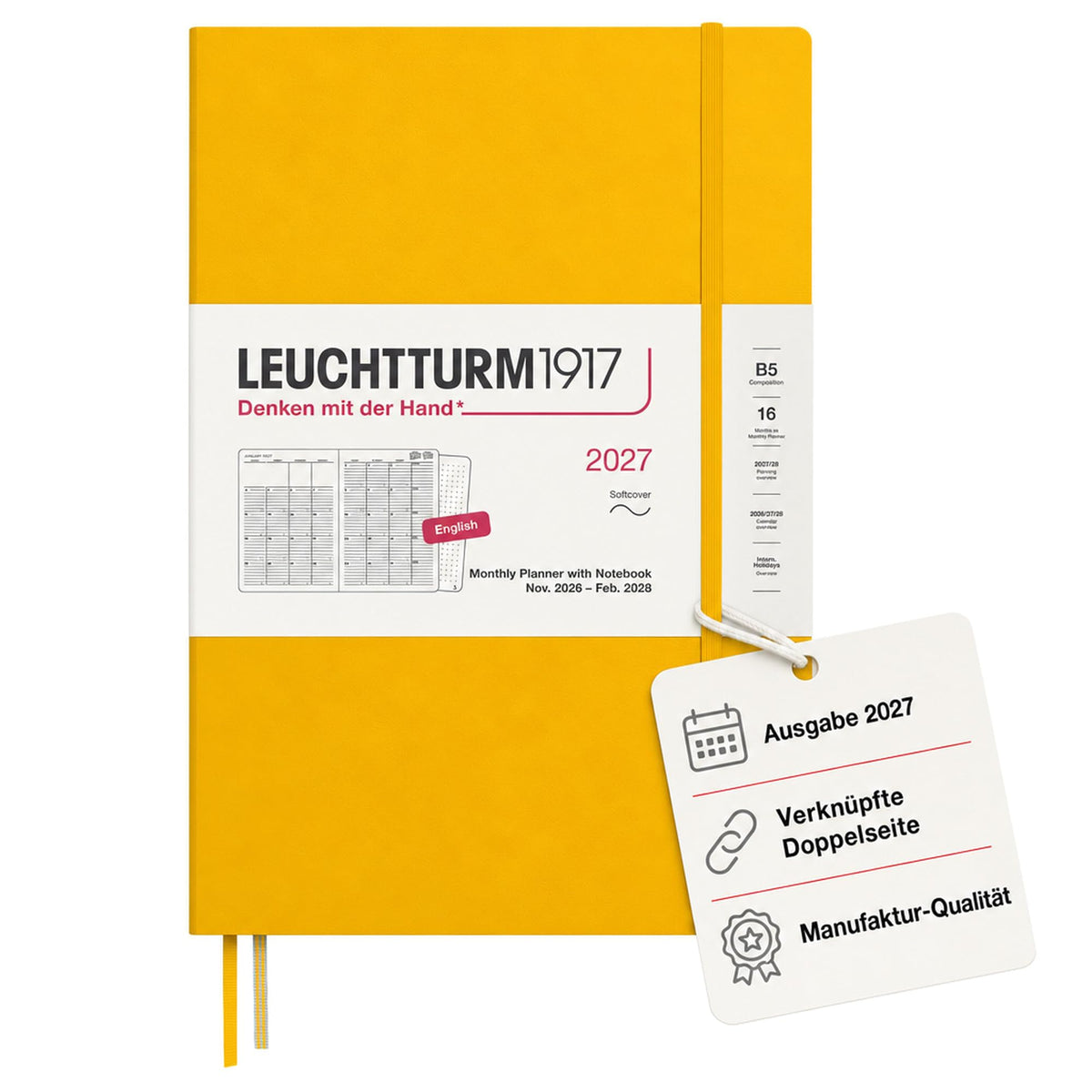 LEUCHTTURM1917 planificator lunar cu caiet 2027 Compoziție (B5) - engleză, floarea soarelui, copertă moale, 16 luni (01.11.2026-28.02.2028), 132 pagini de note punctate cu cuprins - 400339