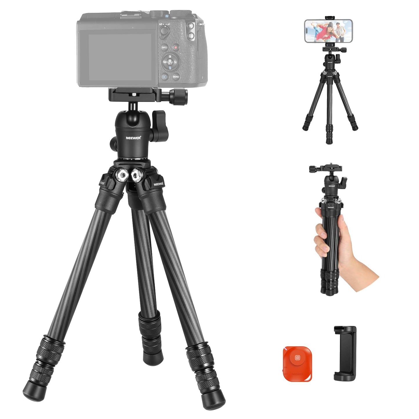 NEEWER TP09 Carbon Fiber Mini Tripod, 20" Table Tripod with 360° Ball Head, Phone Holder, Remote Control, Lightweight Compact Travel Tripod for DSLR Camera Video Camcorder, Phone, Max. Load 11lbs