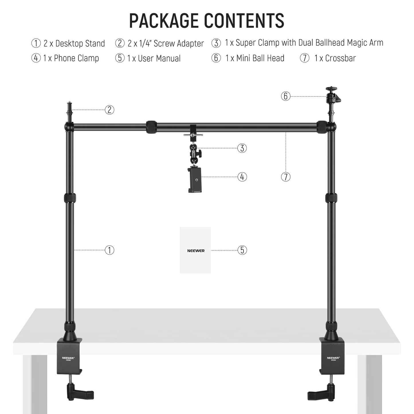 NEEWER Overhead Camera Mount Rig with 2 Ball Head Super Clamp/Mobile Phone Holder/Camera Table Mount, Multi Device Holder Platform Overhead Tripod, Adjustable Height Width, Max Load 12kg, NK002