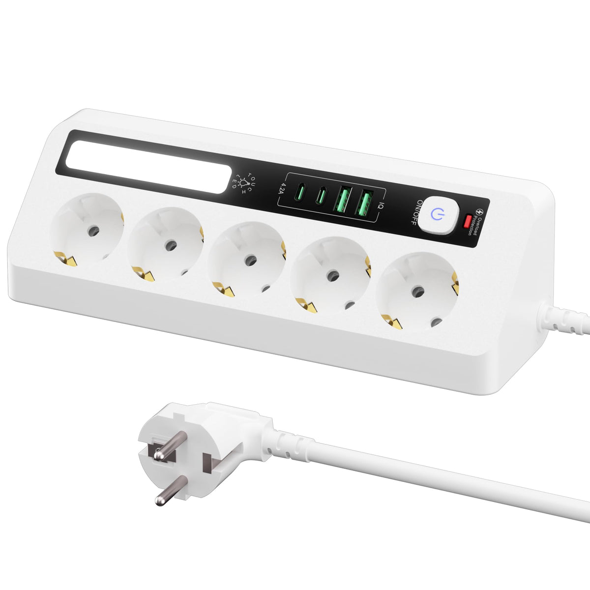AUNNO Power Strip with USB, 5-Outlet Power Strip with 2 USB-A and 2 USB-C Ports, 1.8 m Long Power Strip with Switch and Surge Protection, Power Cable with Control