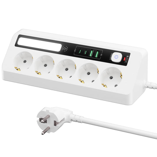 AUNNO priză multiplă cu USB, priză multiplă cu 5 ieșiri, 2 porturi USB-A și 2 porturi USB-C, priză de 1,8 m lungime cu comutator și protecție împotriva supratensiunii, cablu de alimentare cu controlabilitate.