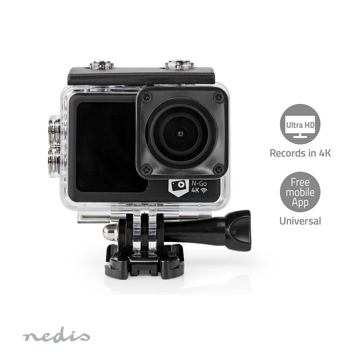 Nedis Action Cam | 4K@30fps | 16 MPixel | Rezistentă la apă până la: 30.0 m | 90 min | Wi-Fi | Aplicație disponibilă pentru: Android™ / IOS | Inclus: suport | Negru - ACAM51BK