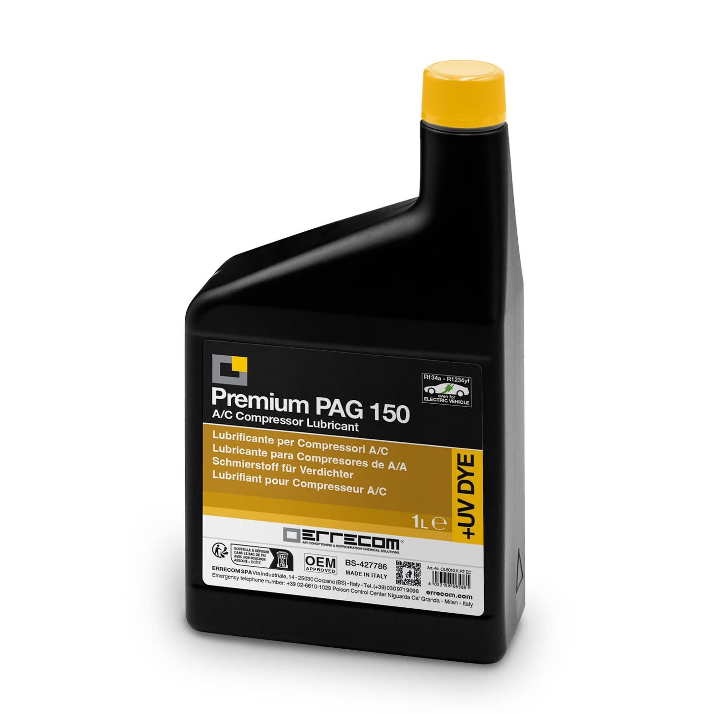 Errecom PAG 150 Premium + UV DYE - 1 L, lubricant for conventional or electric automotive air conditioning compressors operating with the refrigerants GAS R134a and R1234yf - OL6010.K.P2.EC