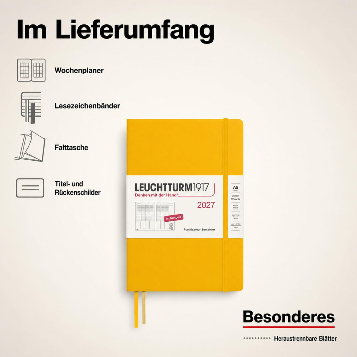LEUCHTTURM1917 Weekly Planner 2027 Medium (A5) - French, Sunflower, 210 x 145 mm, January-December (12 months), weekly overview with hourly grid 7:00-22:00 per column, hardcover - 400408