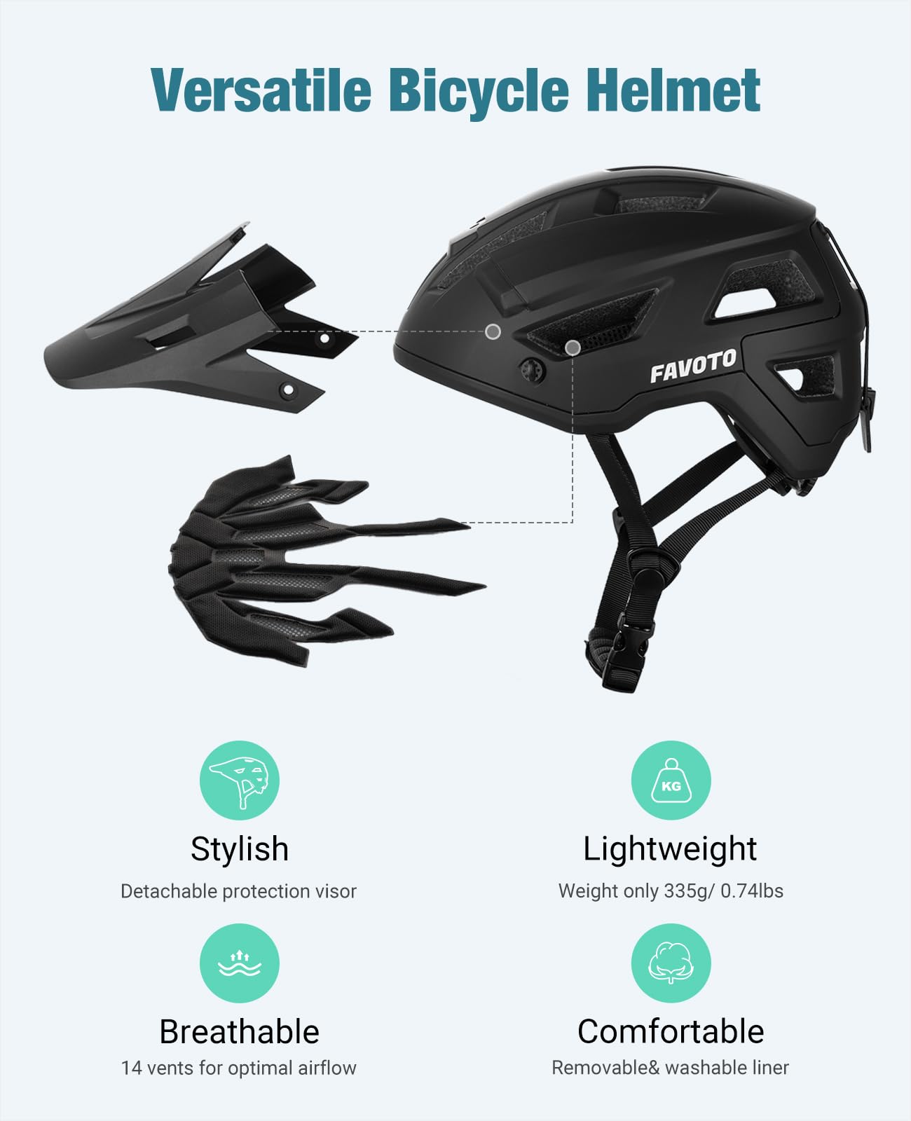 Favoto Mountain Bike Helmet with Peak Lightweight - Double Inmould Technology MTB Helmet for Women Men Road Bike Helmet Black Matt L (59-61cm) Adjustable Length - B025