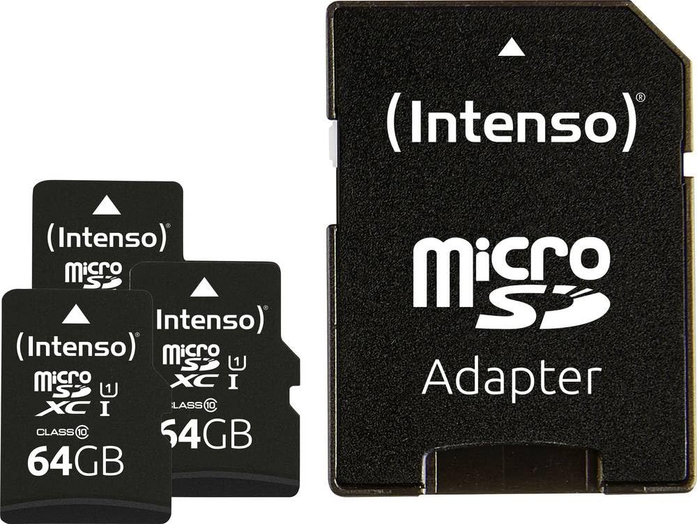 Intenso Premium microSD card 64 GB, pack of 3 with SD adapter, reading speed up to 90 MB/s, Class 10 UHS-I, memory card for smartphones - 3423593