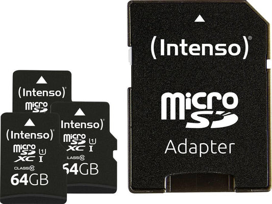 Intenso Premium microSD card 64 GB, pack of 3 with SD adapter, reading speed up to 90 MB/s, Class 10 UHS-I, memory card for smartphones - 3423593