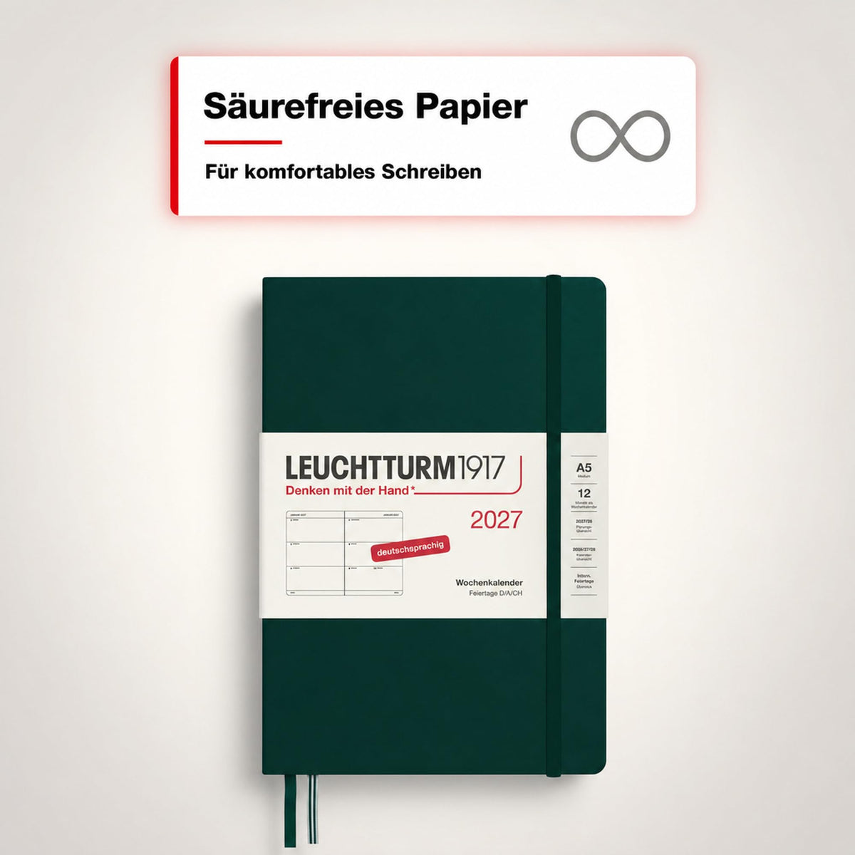 LEUCHTTURM1917 Calendar săptămânal 2027 Mediu (A5) - Germană, Verde pădure, Hardcover, 12 luni - ianuarie-decembrie 2027, 1 săptămână pe pagină dublă, hârtie de 80 g/m² cu compatibilitate ridicată cu cerneală - 400106