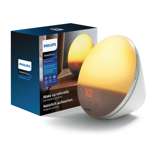 PHILIPS SmartSleep Wake-up Light – bedside lamp and alarm clock with USB, colored sunrise simulation, 20 brightness settings, 7 natural wake-up sounds, midnight light function, model HF3532-01 - HF3532/01