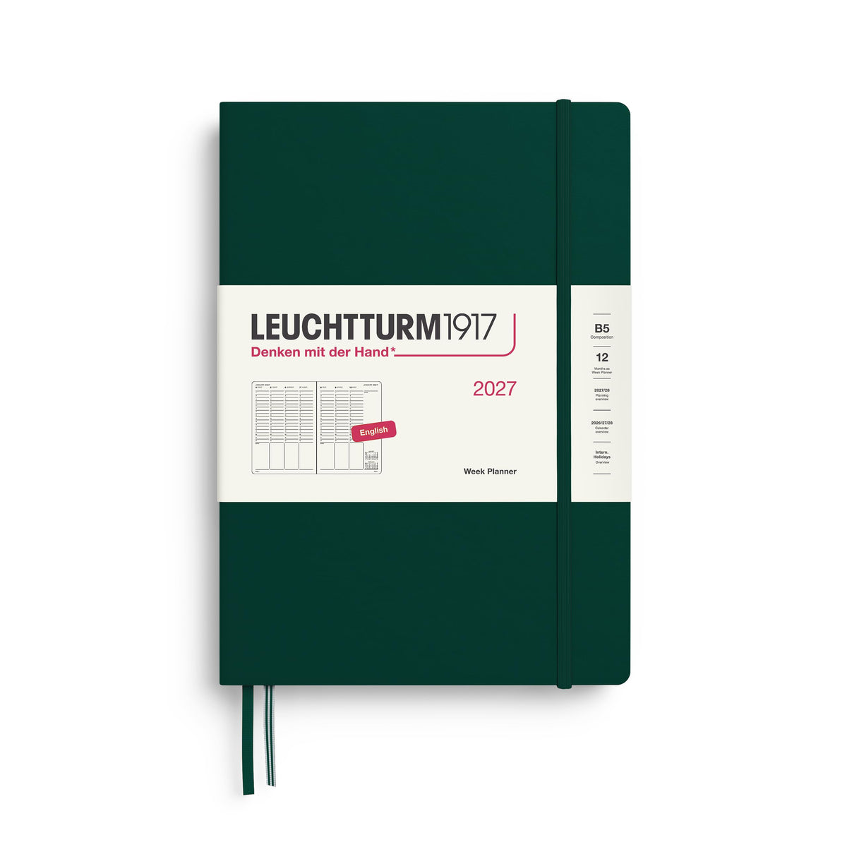 LEUCHTTURM1917 weekly planner 2027 Composition (B5) - English, Forest Green, 254 x 178 mm, January-December (12 months), weekly overview with hourly grid 7:00-22:00 per column, hardcover, 80 g/m² paper - 400311