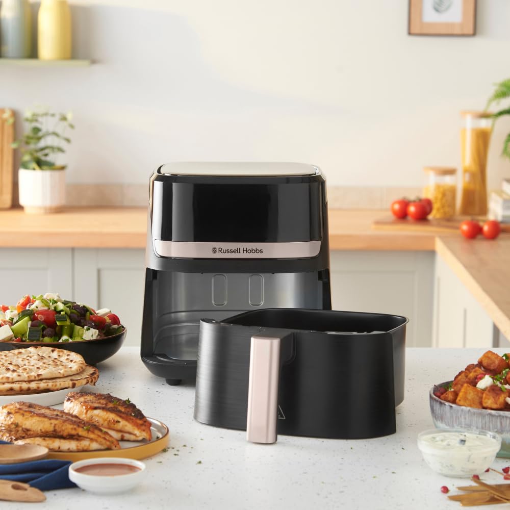 Russell Hobbs hot air fryer L 4.3L Rapid AirFryer [very small housing, very quiet, 9 programs] SatisFry (dishwasher safe, deep fryer without oil, touch screen, grilling, baking, roasting etc) 27610-56