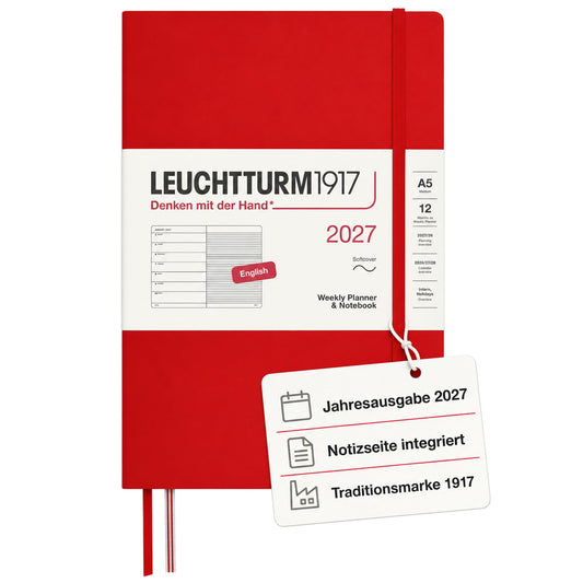 LEUCHTTURM1917 weekly calendar 2027 medium (A5) with notebook, lined - appointment planner English, cherry, soft cover, 145 x 210 mm, January-December 2027, weekly overview on the left + note page on the right - 400235