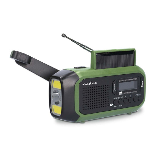 Radio de urgență - Execuție portabilă - DAB+ / FM - Funcționare cu baterii / manivelă / alimentare solară / alimentare prin USB - Ceas deșteptător - Verde / Negru - RDDBCR2000GN