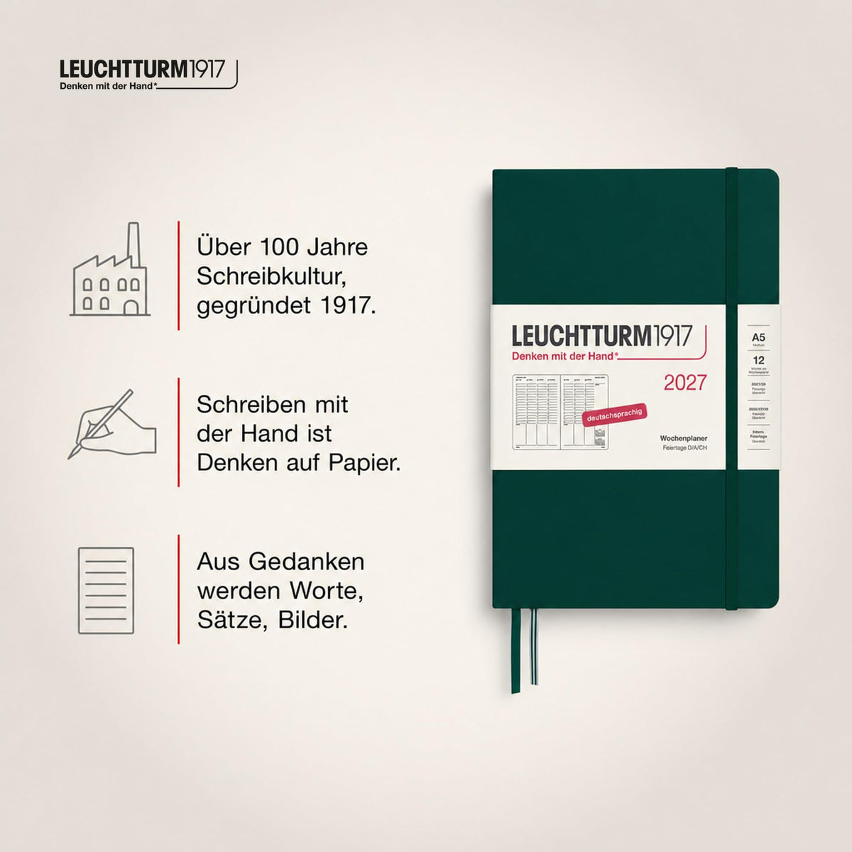 LEUCHTTURM1917 Weekly Planner 2027 Medium (A5) - German, Forest Green, 210 x 145 mm, January-December (12 months), weekly overview with hourly grid 7:00-22:00 per column, hardcover, 80 g/m² paper - 400150