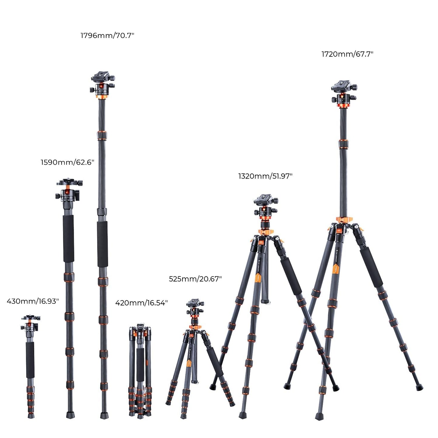 K&F CONCEPT 172cm Carbon Tripod, D255C4(SA255C1) Compact Camera Mobile Phone Tripod, Lightweight Tripod with Monopod Function, 1/4" Thread Travel Tripod with 360° Ball Head for SLR Camera - D255C4+BH-28L