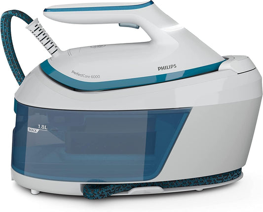 Philips PerfectCare 6000 Series Steam Generator - 2400W, 500g Steam Shot, 6.5 Bar Pressure, OptimalTEMP Technology, 1.8 Liter Tank, White/Blue (PSG6022/20)