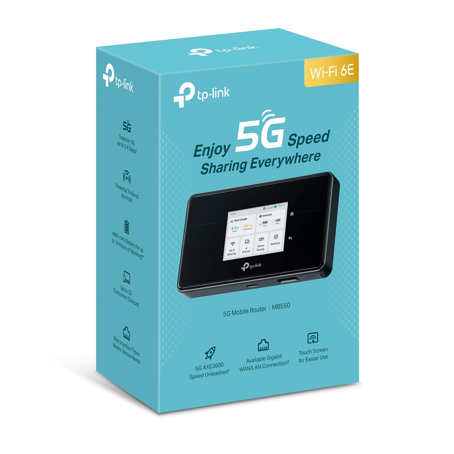 TP-Link M8550 5G LTE Mobile WLAN Router - Up to 3.4 Gbit/s, Tri-Band Wi-Fi 6E, Nano SIM card slot, Gigabit WAN/LAN, 4680 mAh battery, touchscreen, Wireguard, up to 32 devices
