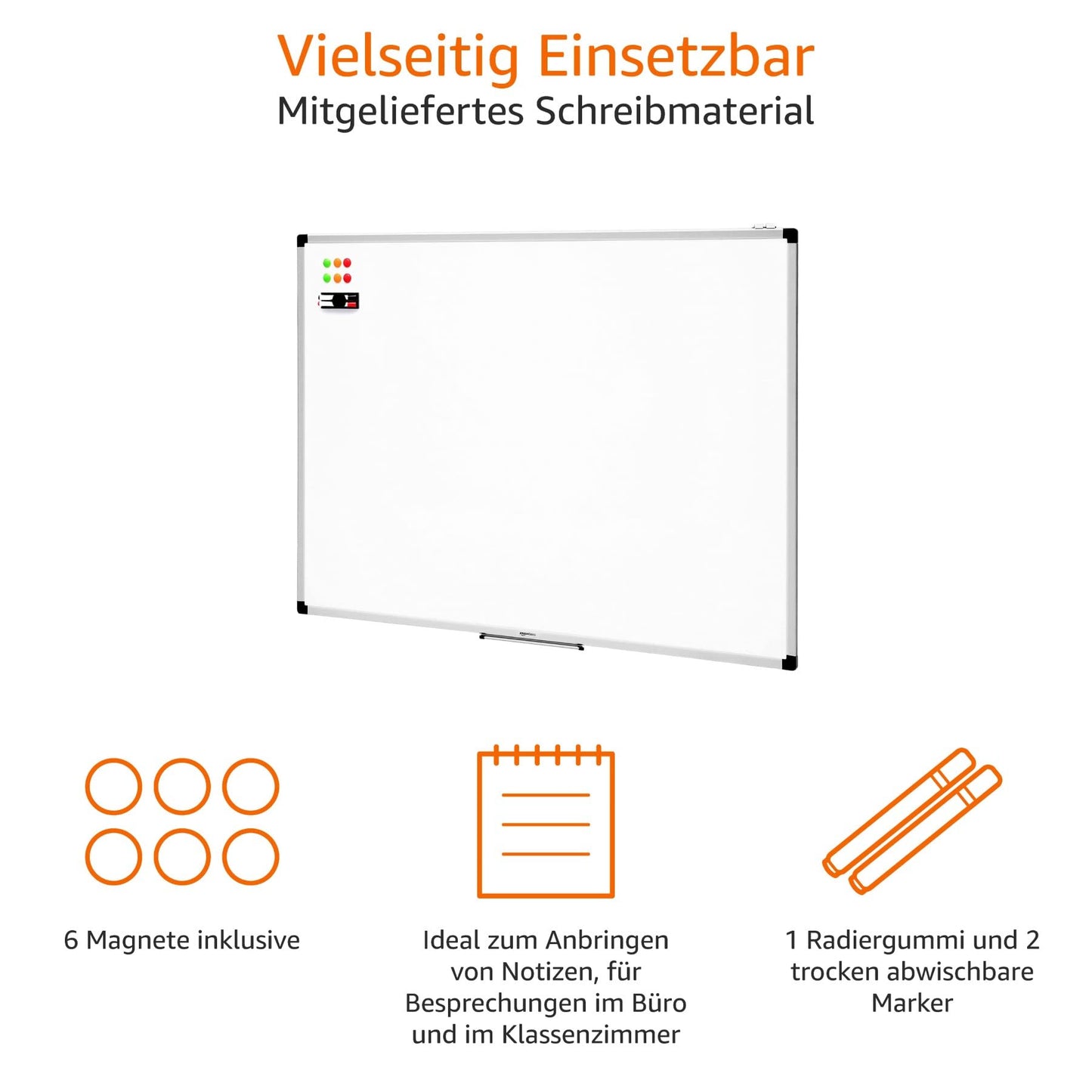 Amazon Basics magnetic whiteboard with aluminum frame, pen holder, 6 magnets, 1 eraser and 2 markers for use in the office and at home, for wall mounting, dry-wipe, 120cm x 90cm - 1548964532