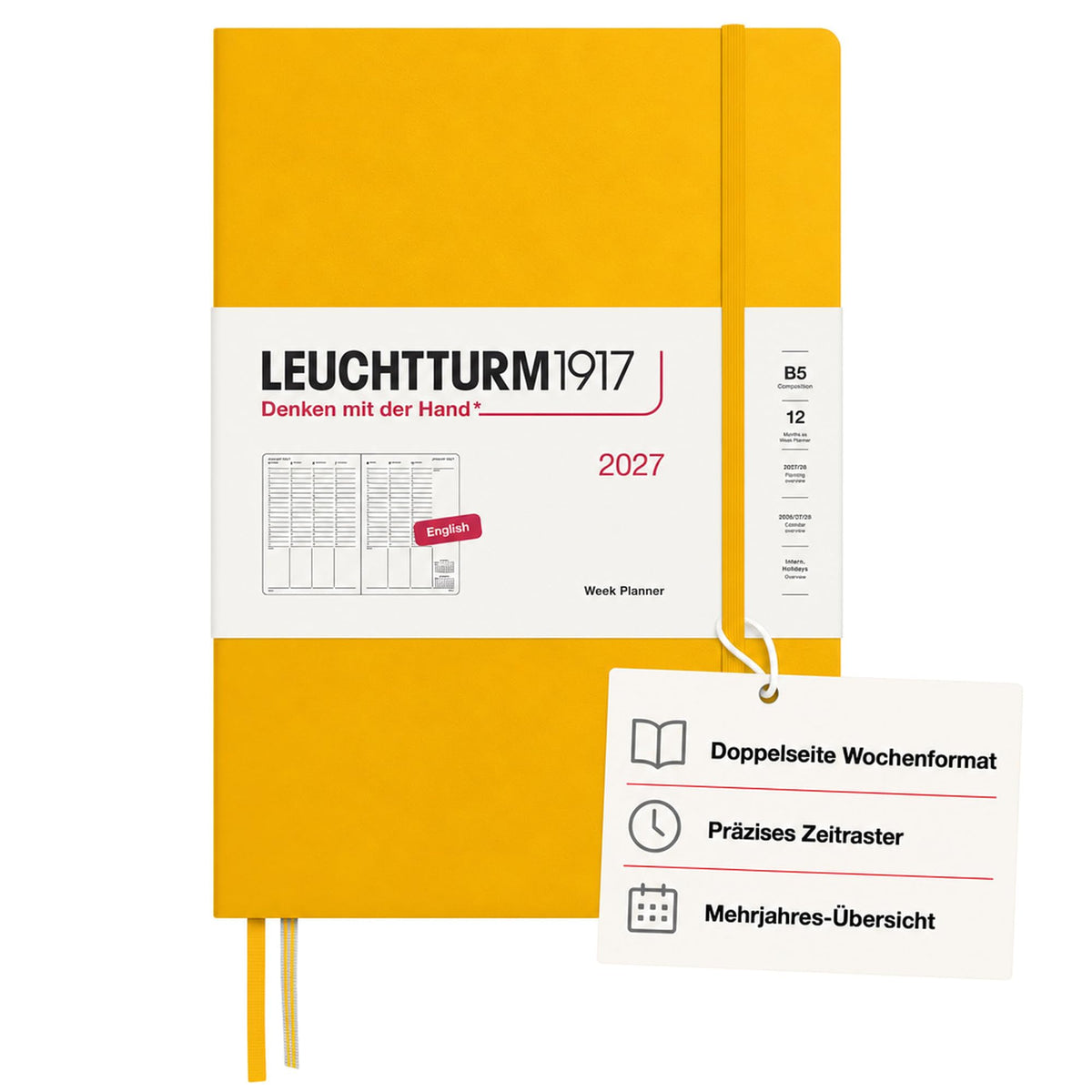 LEUCHTTURM1917 Weekly Planner 2027 Composition (B5) - English, Sunflower, 254 x 178 mm, January-December (12 months), weekly overview with hourly grid 7:00-22:00 per column, hardcover, 80 g/m² paper - 400310