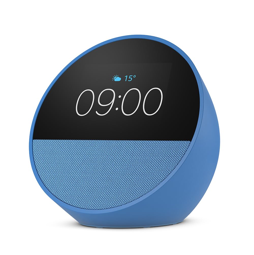 Certified and refurbished Amazon Echo Spot (2024), smart alarm clock with rich sound and Alexa, blue - BV84J9