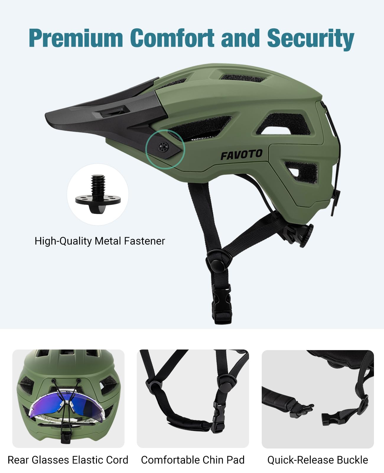 Favoto Mountain Bike Helmet with Peak Lightweight - Double Inmould Technology MTB Helmet for Women Men Road Bike Helmet L (59-61cm) Adjustable Army Green - B025