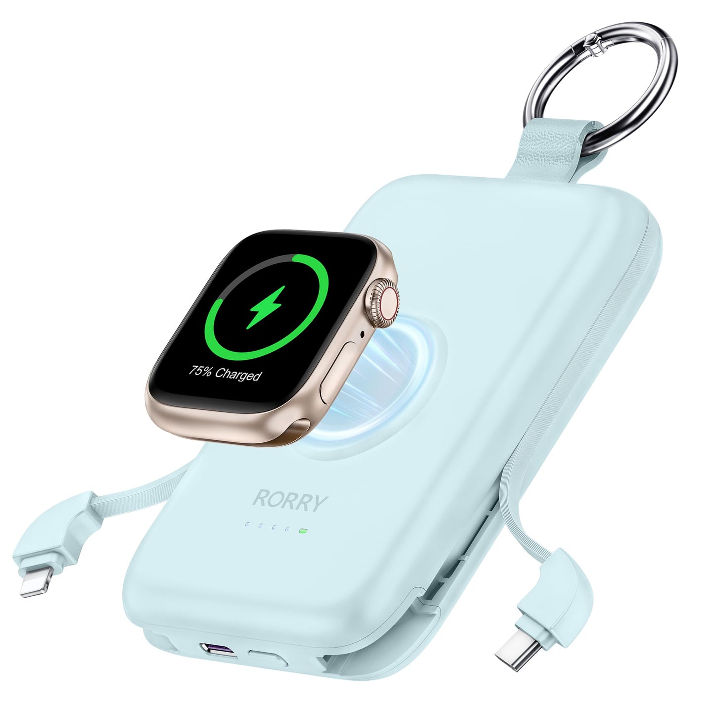 RORRY Power Bank, 10000mAh Power Bank Fast Charging Function PD 20W with Integrated Cable, Travel Portable Charger External Mobile Phone Batteries for iPhone 17/16/15/14 and Apple Watch Ultra 11/10/9/8/7/SE, Blue - D2-10000