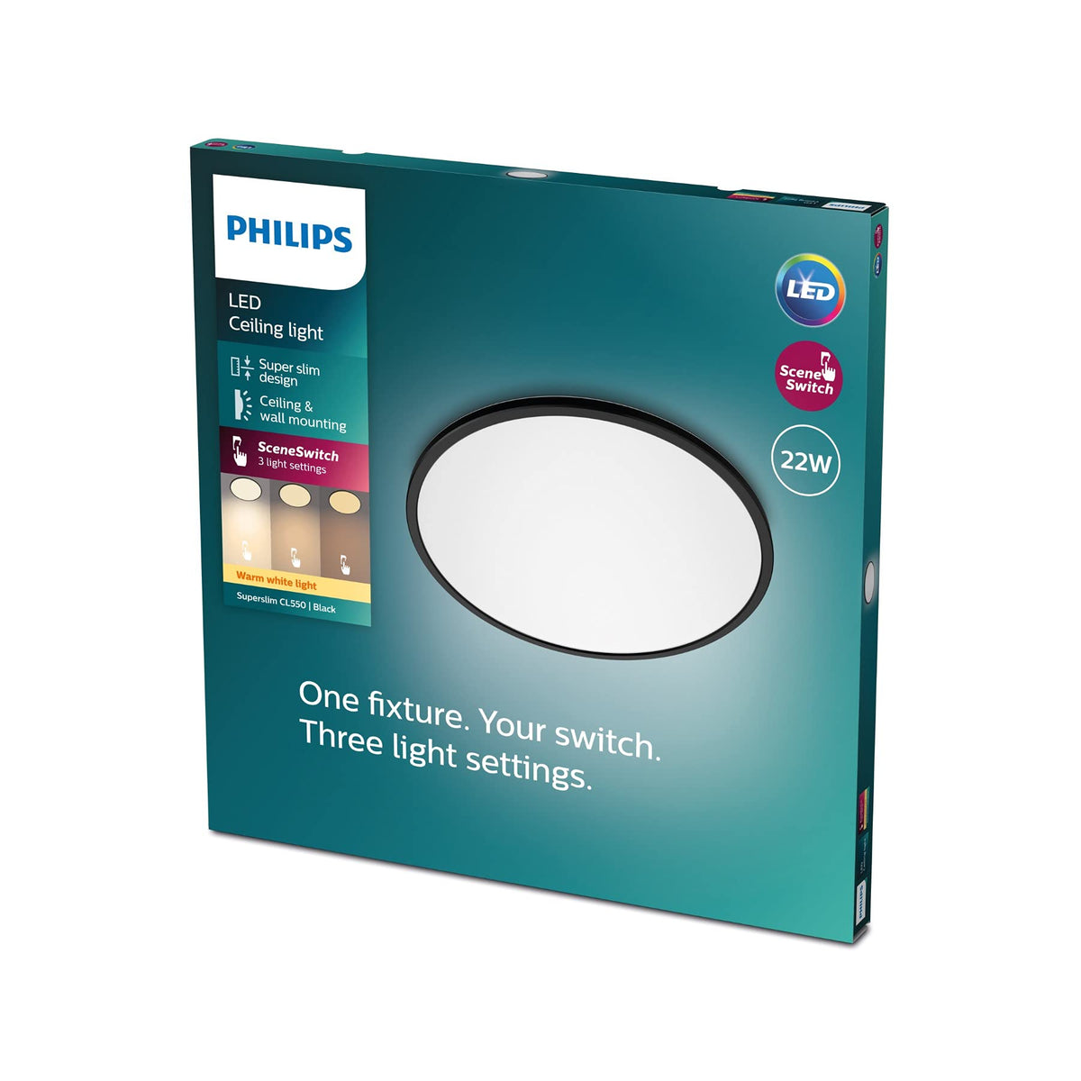 PHILIPS LED SceneSwitch Lumină de tavan (22 W), 3 niveluri de luminozitate, lumină caldă, iluminat de interior economic cu EyeComfort, negru, 43 cm - 929002666901