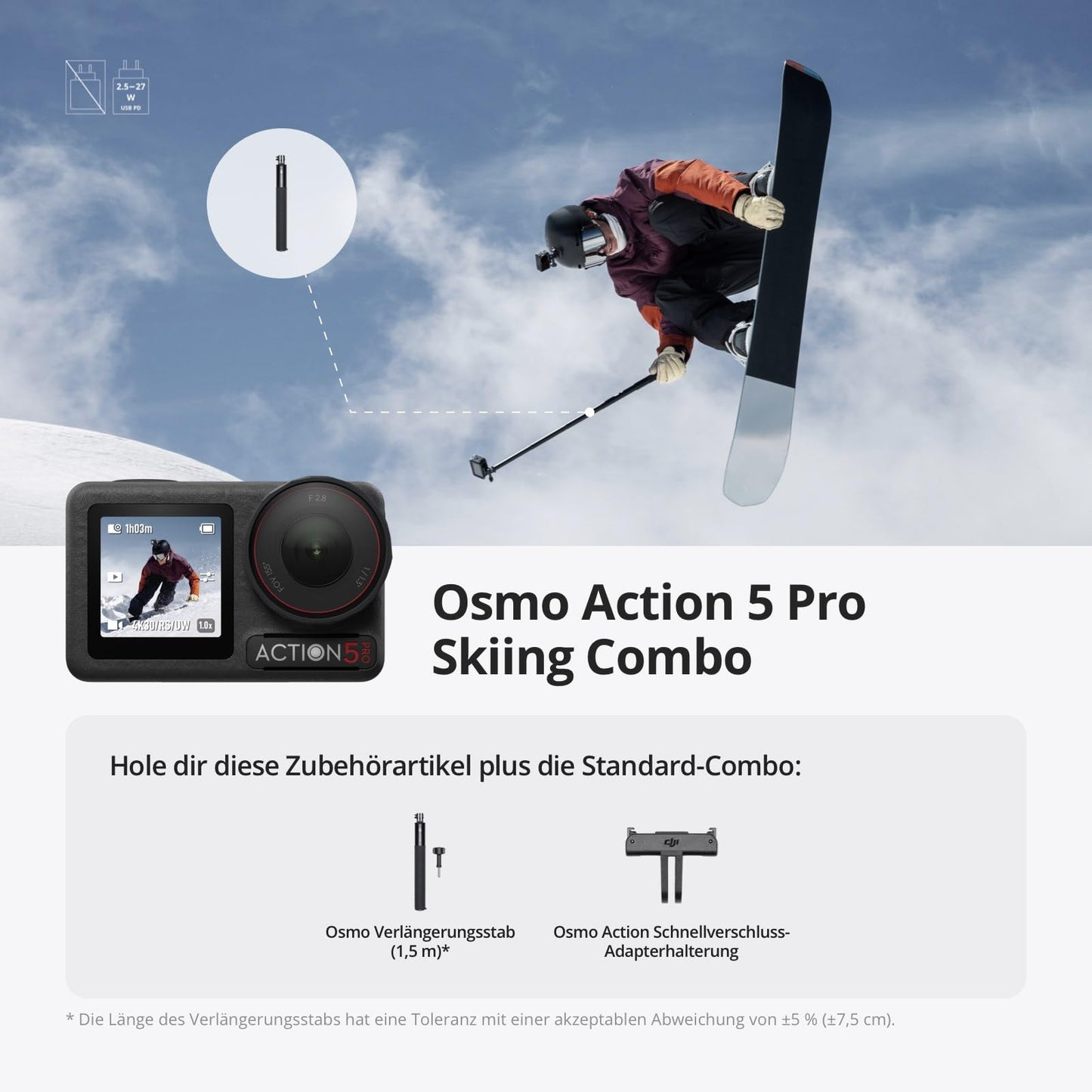 DJI Osmo Action 5 Pro Skiing Combo, 4K action camera ideal for skiers with 4 hours of extended battery life, -20 °C cold-resistant, stabilization, 32x slow motion, with 1.5m extension rod kit