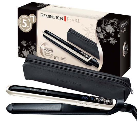 Remington Straightener [Test Winner] Pearl (high-quality ceramic coating with real pearls for even heat distribution) LCD display, 150-235°C, including storage bag, hair straightener S9501