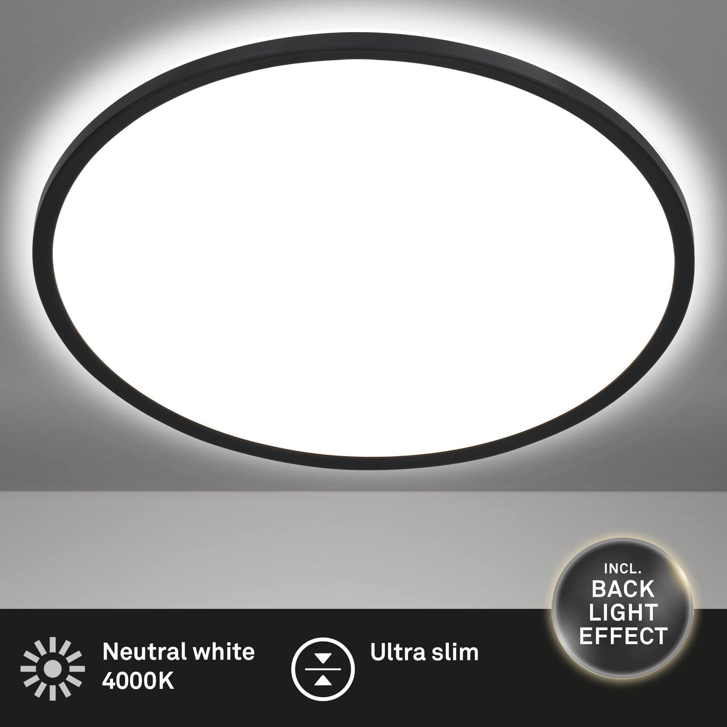 BRILONER - LED ceiling lamp with indirect light, flat, neutral white light color, lamp, ceiling light, living room lamp, LED panel, kitchen lamp, ceiling lighting, 42x2.9 cm, black - 7157-415