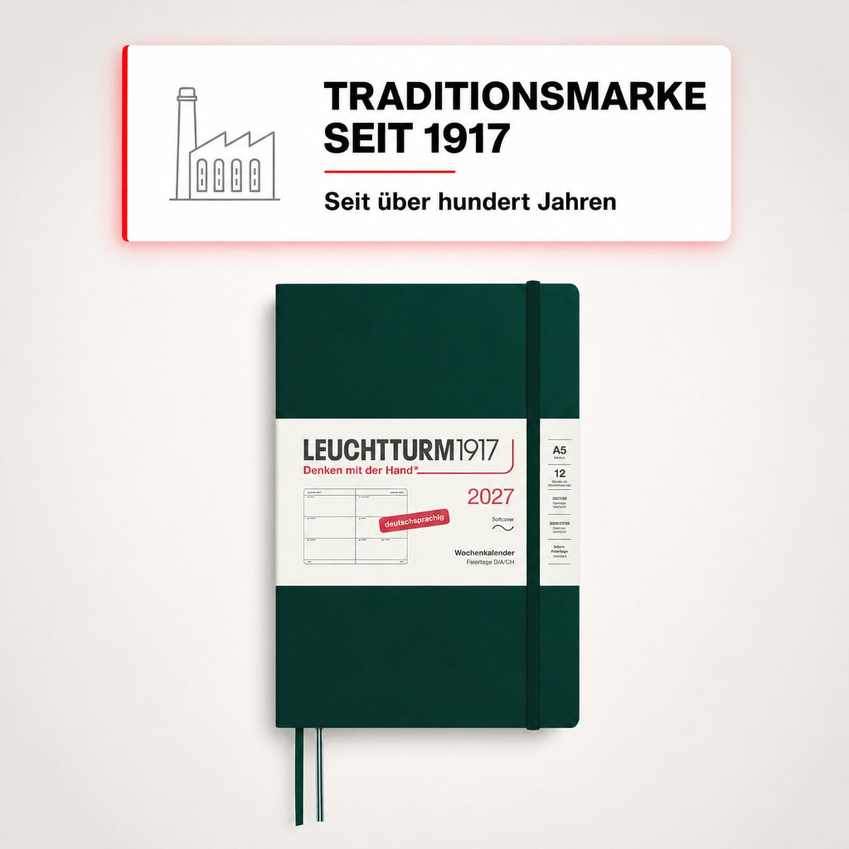 LEUCHTTURM1917 Calendar săptămânal 2027 mediu (A5) - germană, verde pădure, copertă moale, 12 luni - ianuarie-decembrie 2027, 1 săptămână pe pagină dublă, hârtie de 80 g/m² cu compatibilitate ridicată cu cerneală - 400131