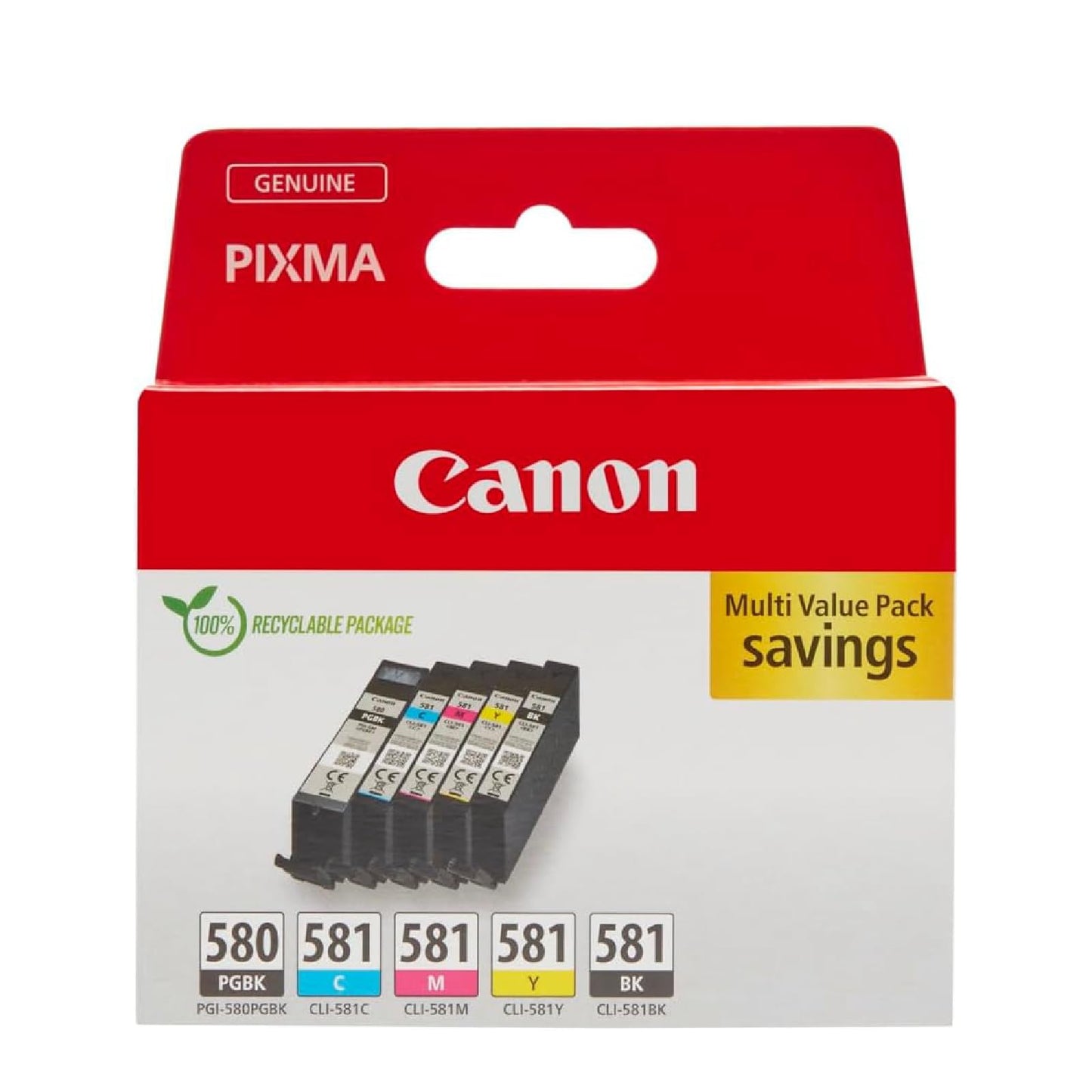 Canon Ink Multipack - PGI-580/CLI-581 Original Printer Ink Cartridges Pack of 5 (1 x Black, 1 x Cyan, 1 x Magenta, 1 x Yellow & 1 x Black printer cartridges) - 2078C007