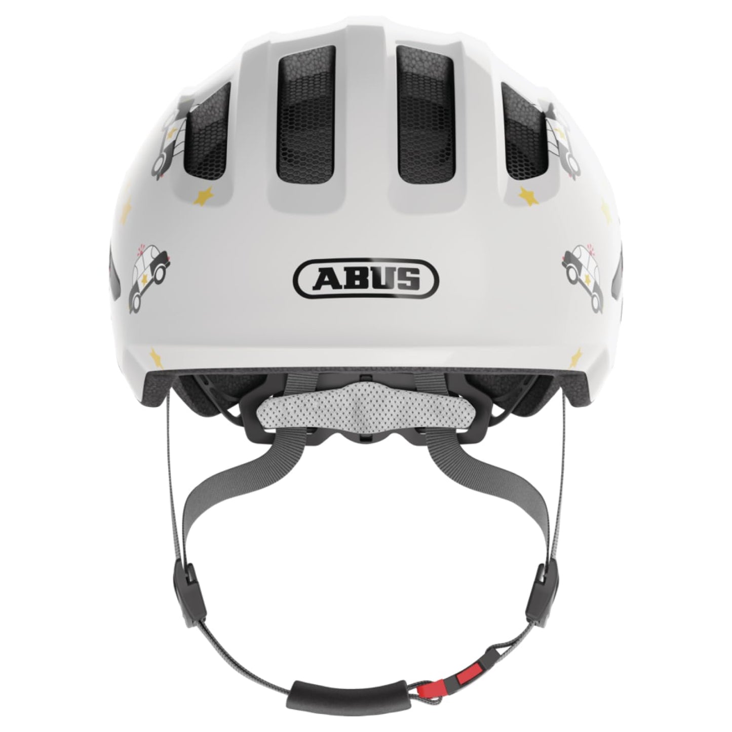 ABUS children's helmet Smiley 3.0 - bicycle helmet with a deep fit, child-friendly designs & space for a braid - for girls and boys - gray with car pattern, size S - 67269