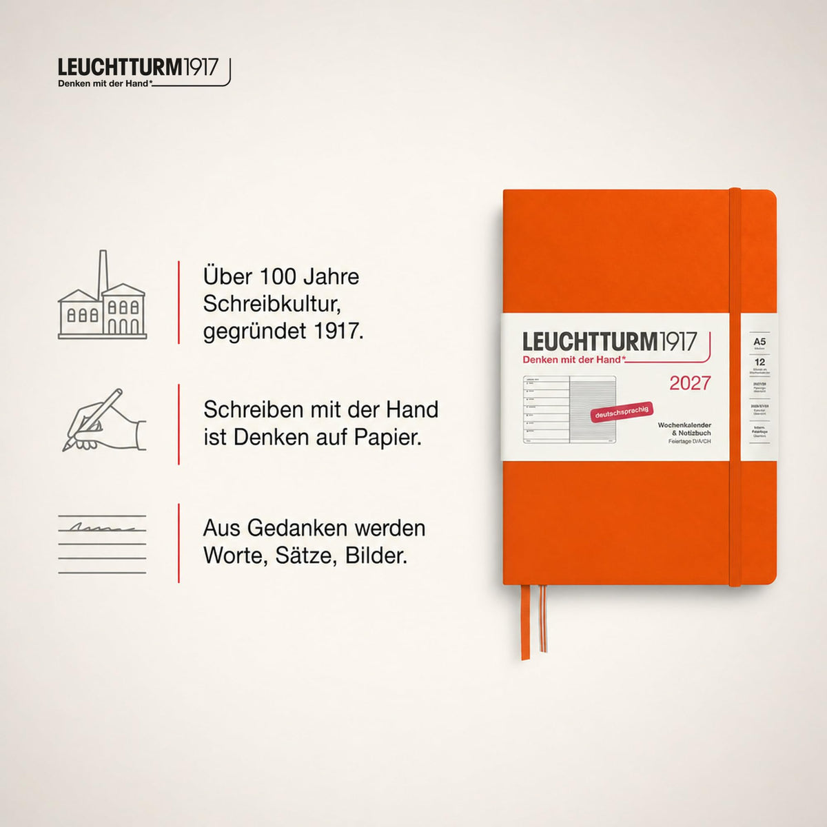 LEUCHTTURM1917 Weekly Calendar 2027 Medium (A5) with Notebook - Appointment Planner German, Pumpkin, January-December 2027, Weekly Overview on the Left + Notes Page on the Right - 400050