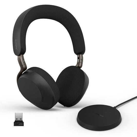 Jabra Evolve3 75 on-ear Bluetooth headset wireless with microphone & charging station for office, USB-A, AI voice call, extended ANC, 22h battery, for online meeting apps, black - 37599-989-989